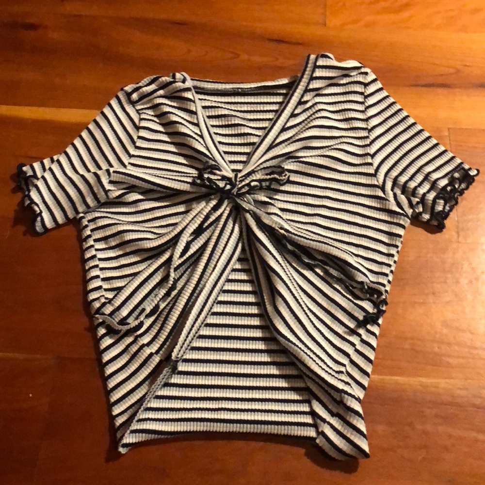 Woven Striped Shirt with Tie Front